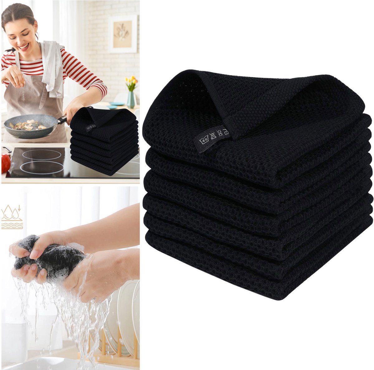 CHICFURN keukenhanddoeken, katoenen keukendoeken, wafeldoeken, honingraat handdoeken en schoonmaakdoeken, 6 stuks zwarte katoenen handdoekenset met ophanghaken, geschikt voor drogen, afnemen en reinigen van servies en keukenbenodigdheden