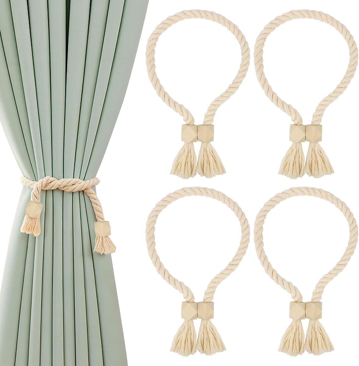 4 stuks gordijnhouders voor gordijnen, magnetische gordijnhouders, gordijnhouders, gordijnraffer van hout, vitrage, beige, voor thuis, kantoor, kinderkamer, woonkamer, gordijnen, decoratie