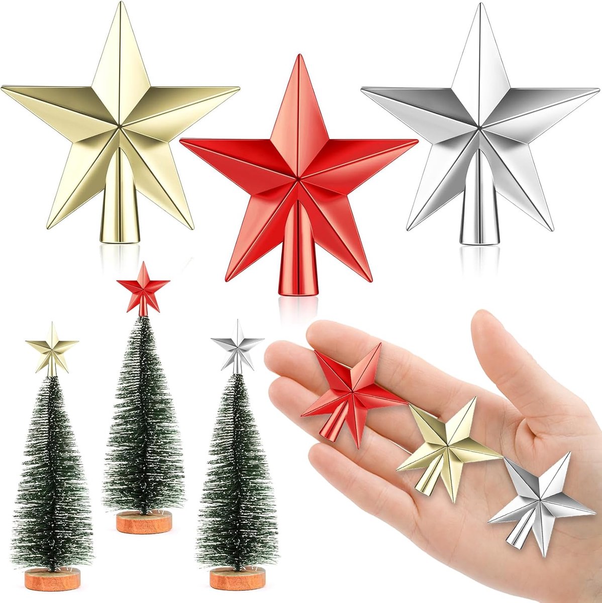 6 cm kerstster, mini-kerstboomtopper, kleine kerstboompiek, mini-sterren voor de decoratie van de kleine kerstboom (6 cm, lak: rood goud zilver)