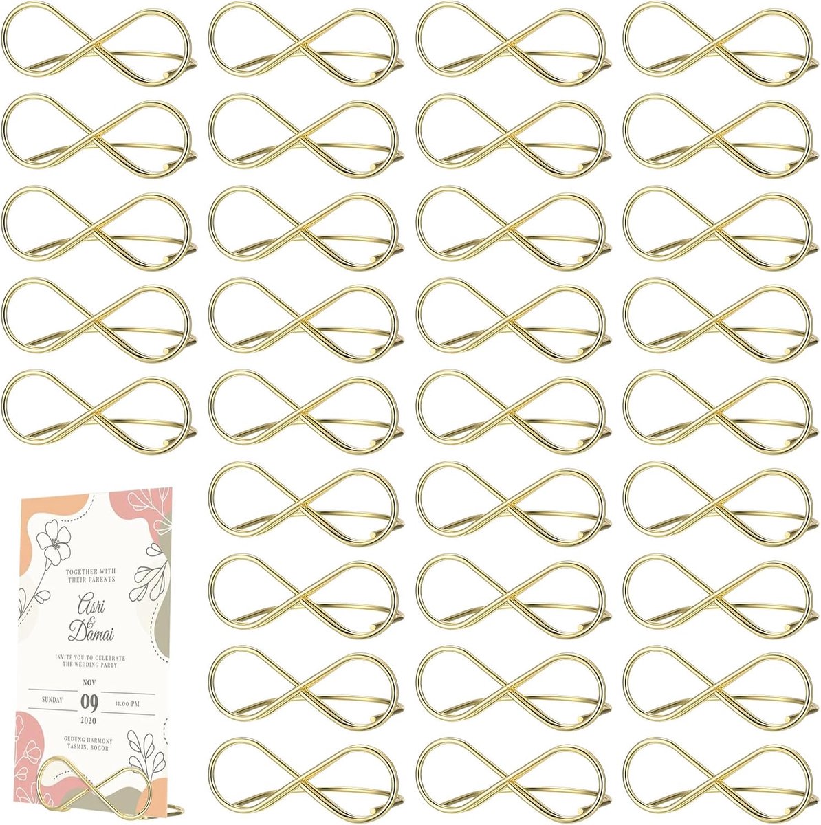 32 stuks tafelkaart-houders voor bruiloft, gouden metalen menukaart-houders, tafelnummer standaards, kaartclips, naam- en berichtclips voor bruiloft, feest, tafeldecoratie en fotodisplay