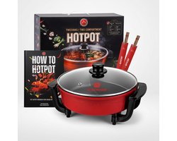 De Hotpotshop Elektrische Hotpot Set – Tweevaks Hotpot Pan (Zwart/Rood) – Incl. "How To Hotpot" Handboek & 2 Paar Chopsticks – Chinese Fondue Pan – 2 Compartimenten