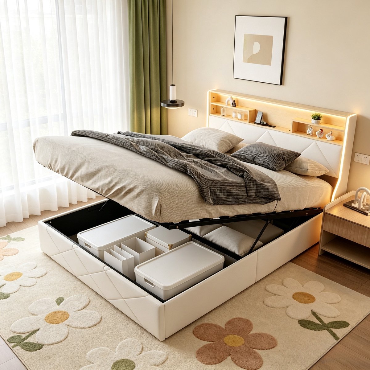 ROSAHQNDA Tweepersoonsbed 140x200 cm, gestoffeerd opbergbed met LED-verlichting, hoofdbord met opbergvakken en laadfunctie, PU, wit, zonder matras