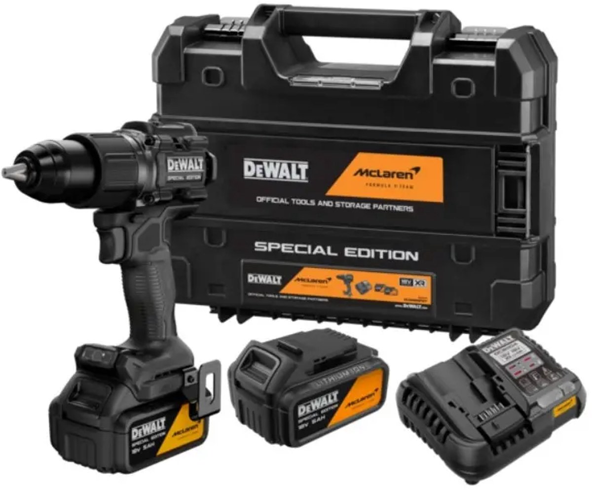 DeWALT - 18V accu-boorschroevendraaier met klopfunctie, McLaren, 2 accu’s van 5,0 Ah XR Li-Ion, oplader DCD86MP2T