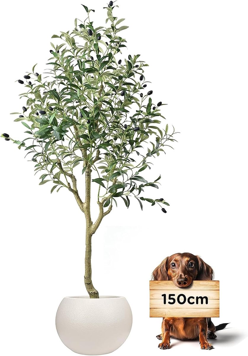 Kunstolijfboom met witte pot, 150 cm, kunstboom met 1200 bladeren, weelderige kunstplant als echte kunstplanten, olijfboom, decoratie voor woonkamer, slaapkamer, kantoor, moderne decoratie