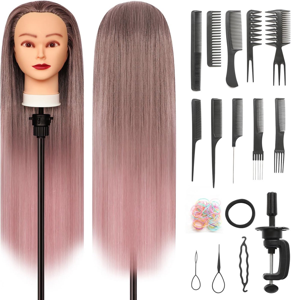 28 inch Kappershoofd 100% Synthetische Vezels Oefenhoofd, Training Hoofd Kappers opleiding hoofd met klem en DIY vlechten Set (Gradiënt Roze)