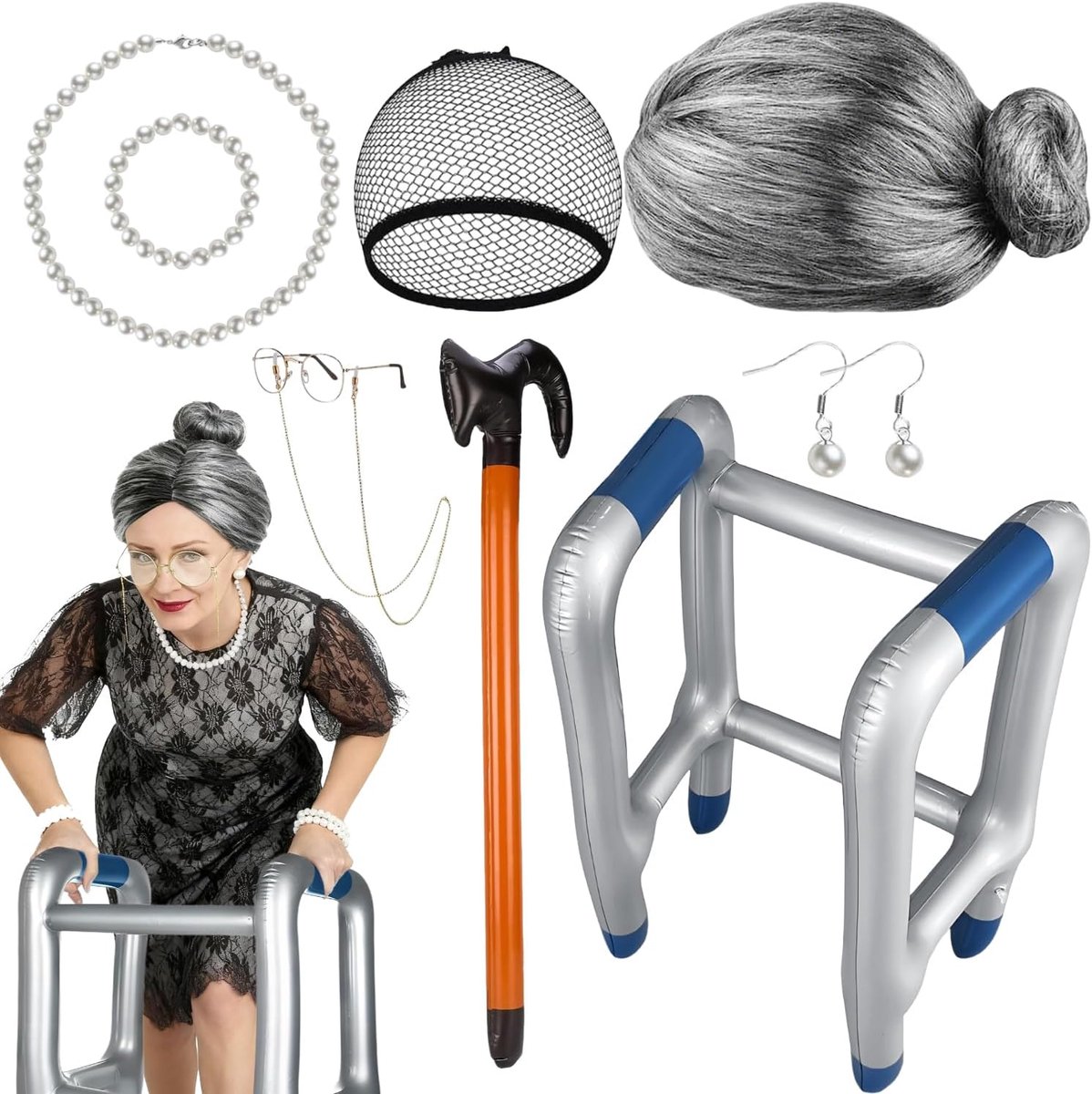 Omakostuum voor dames, 9-delige set, gepensioneerd-kostuum, cosplay-accessoires, Halloween