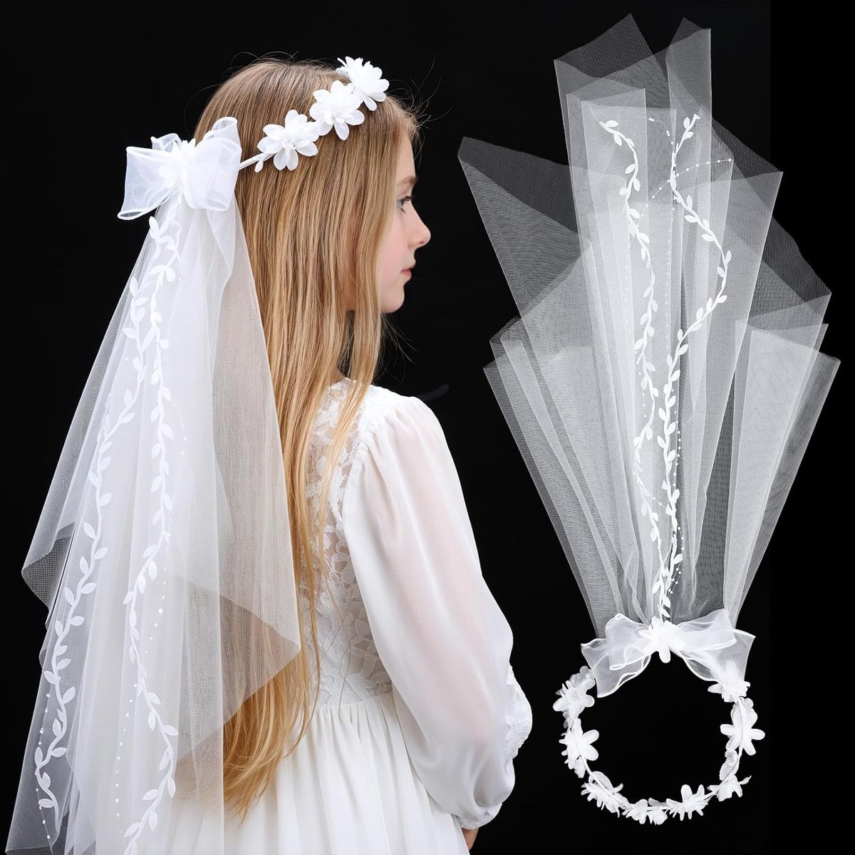 Haarsieraad voor Communie Meisjes, Bloemen Hoofdband Sluier Bruiloft Bloemenmeisje Hoofdtooi, Witte Bloem Eerste Communie Sluier Hoofdtooi Met Parels Haarsieraad Communie