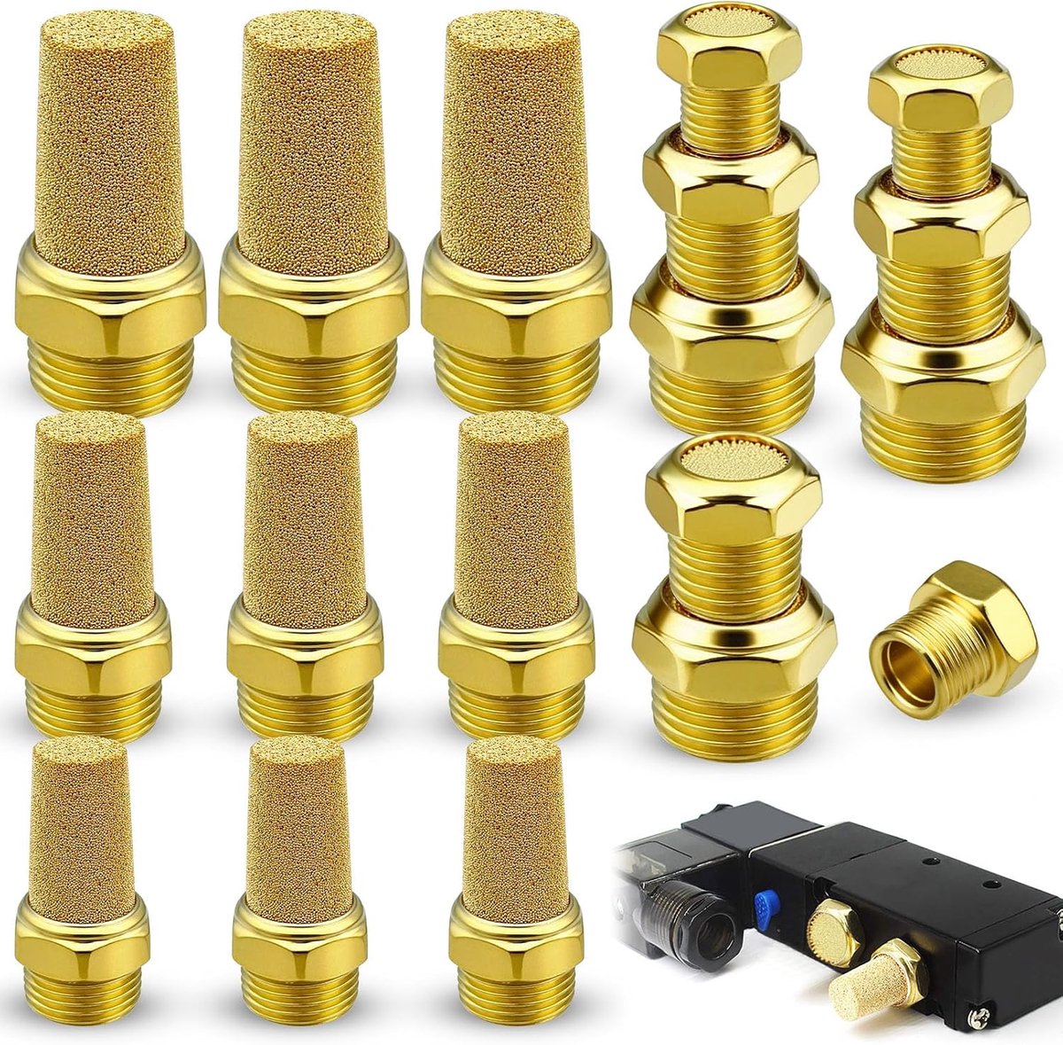 Pneumatische geluiddempers, messing pneumatische demper, 1/4 1/8 3/8 PT buitendraad, sinterbrons geluiddemper voor industrieel gebruik (platte kop, lange kop)