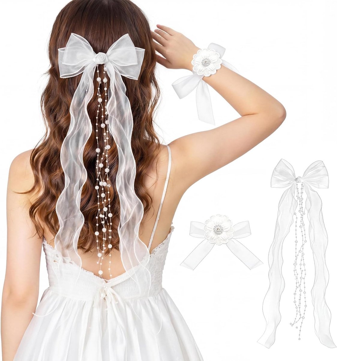 Haaraccessoire voor eerste communie, meisjes, witte strik met organza linten en parels, kapsel voor eerste communie, bruidsmeisje, hoofdband voor doop, katholieke vormsel