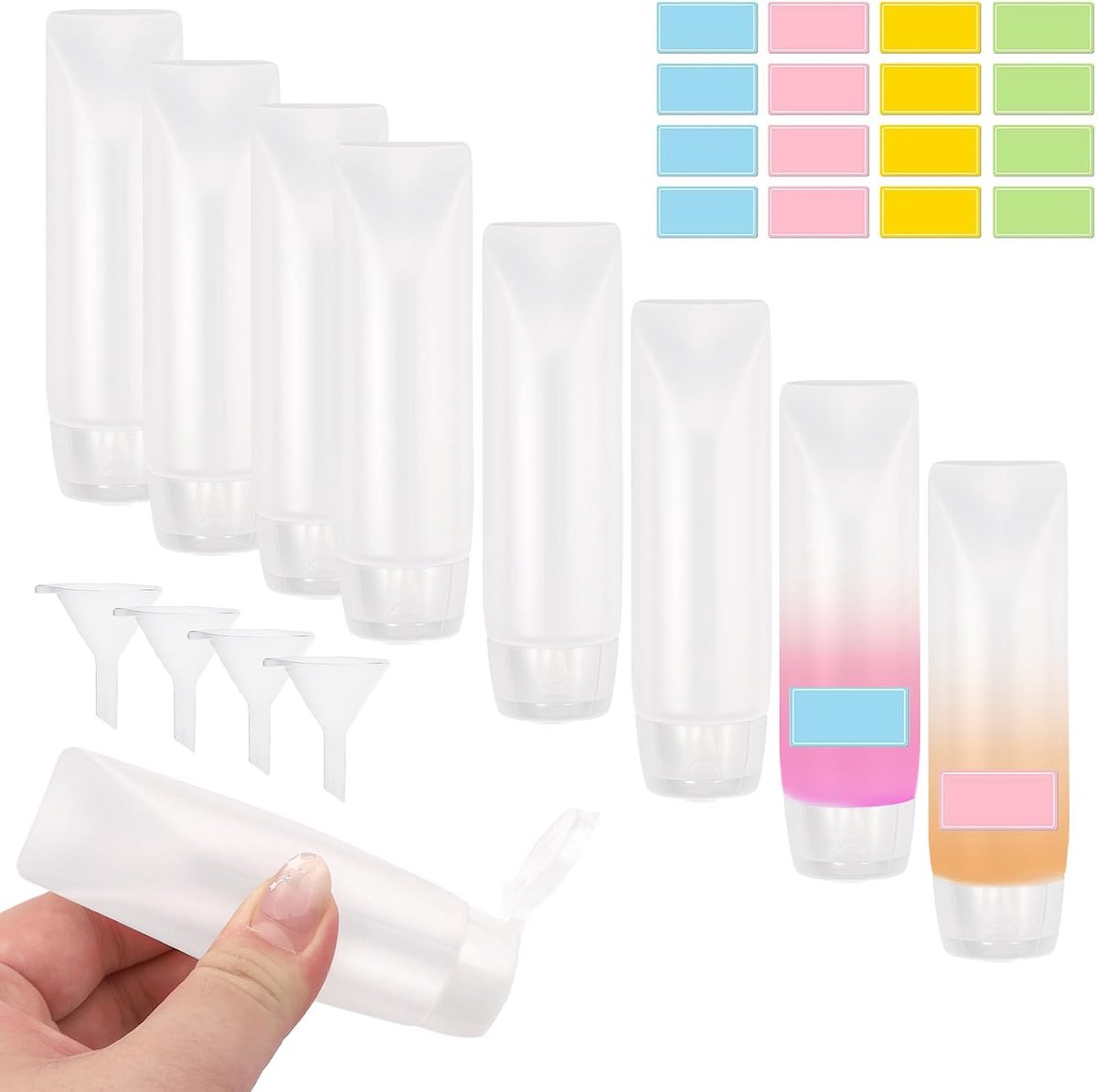 12-delige reisset – 8 tubes tandpasta in reisformaat (28 g), navulbare knijpflesjes met 4 trechters en gekleurde etiketten, lekvrije draagbare containers voor lotions
