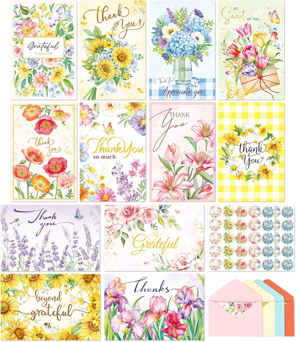 48 bedankkaarten, 12 ontwerpen met stickers, 48 enveloppen, 10 x 15 cm