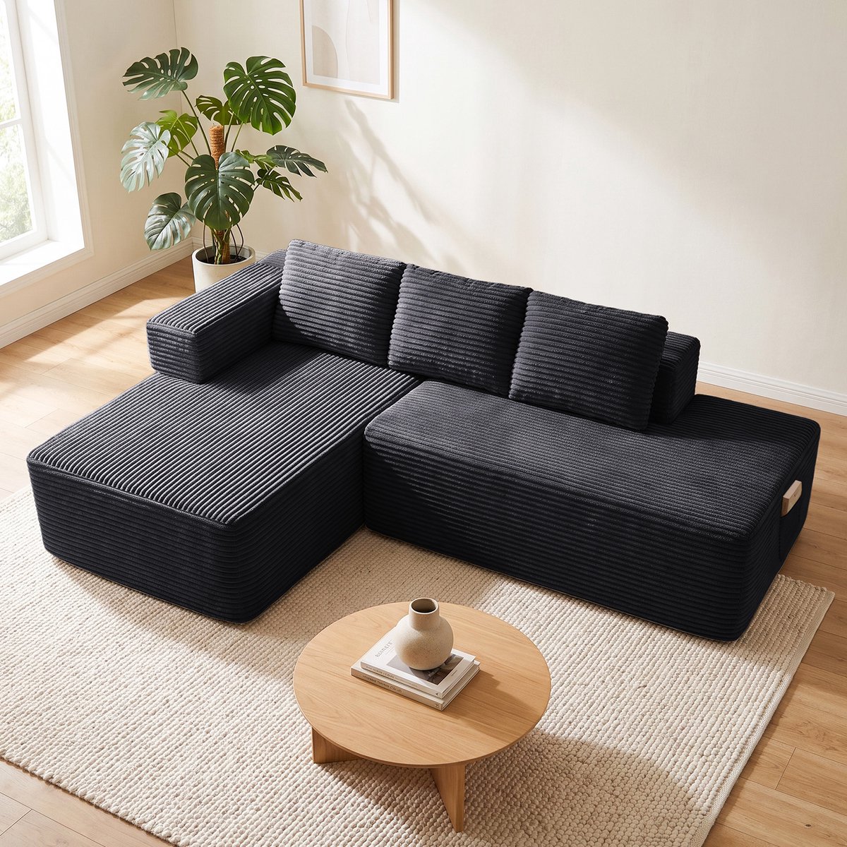COMHOMA - Hoekbank 228 cm - Corduroy L-vorm met Slaapfunctie - Zwart-R