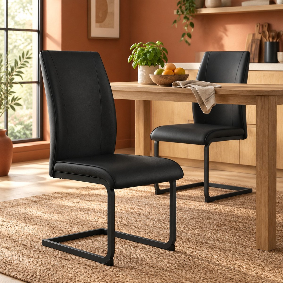 REDOM Eetkamerstoel set van 2 - Ergonomische rugleuning - Schuimkussen - Metalen U-poot - Industrieel - Kunstleer - Zwart - 44,5 x 43 x 99 cm