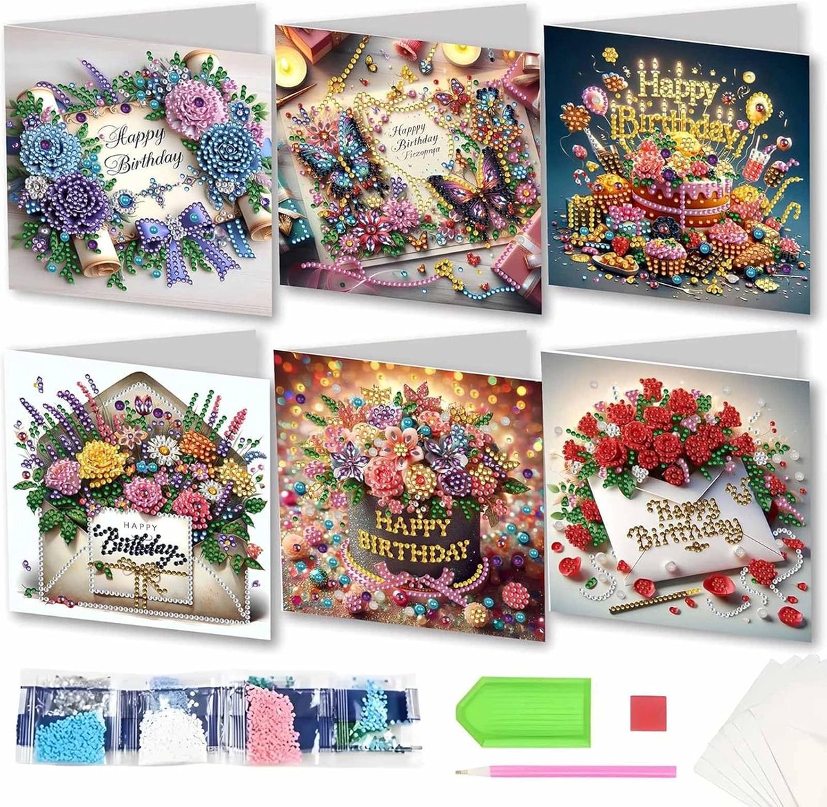 SnelShoppen - Diamond Painting Verjaardagskaarten Set - 6 Stuks 5D Handgemaakte Kaarten met Envelop - Glitterende Bloemen Kaarten voor Verjaardag van
