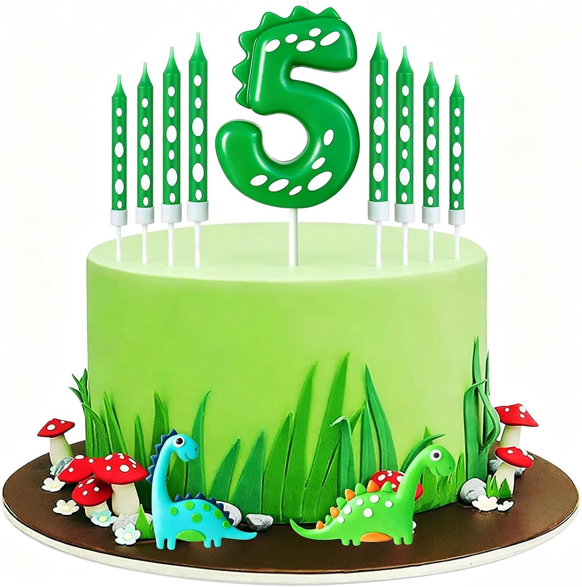 Getallen 5, kaarsen verjaardag dinosaurus, digitale dinosaurus taartkaars nummer 5, kaarsen verjaardag dinosaurus, kaarsen voor taart, themafeest, decoratie, groen, 7,9 cm