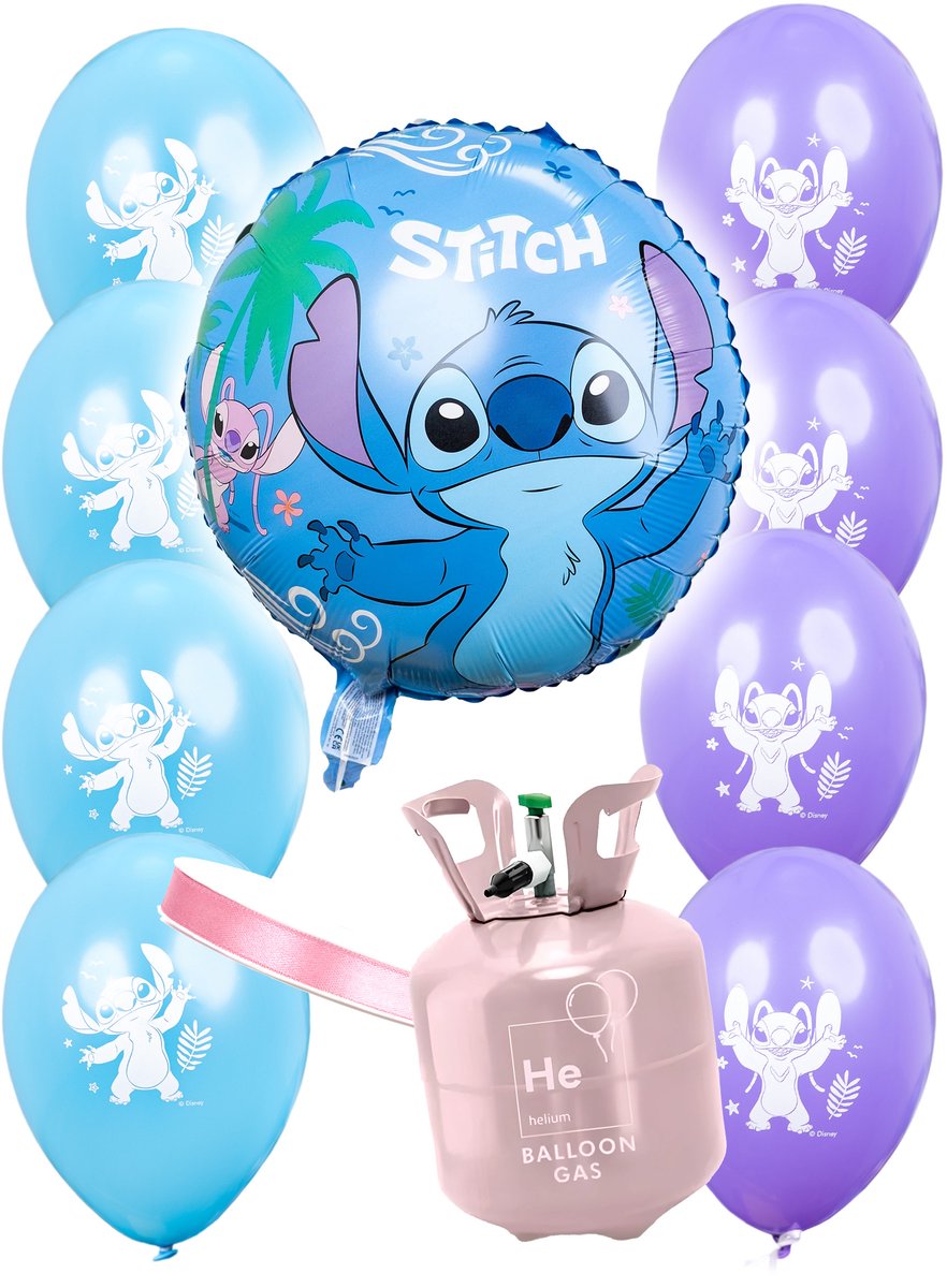 Vegaoo - Heliumfles kit met 9 Stitch ballonnen en lint