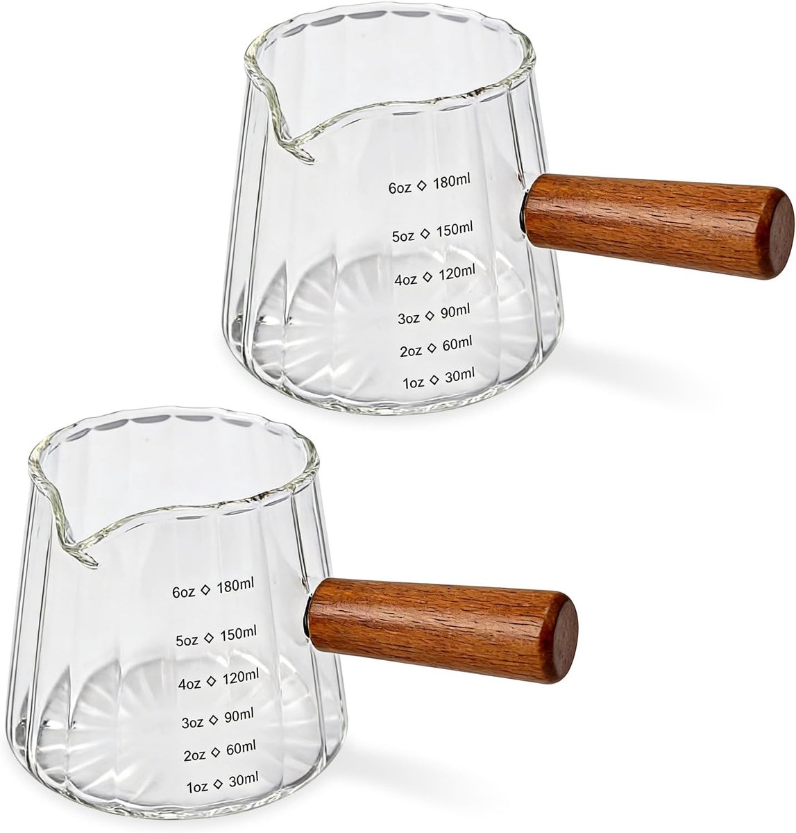 Maatbekers, 180ml Transparante Espressoglazen Maatbekers met Houten Handvat en V-Vormige Tuit voor Serveren van Koffie Melk en Thee