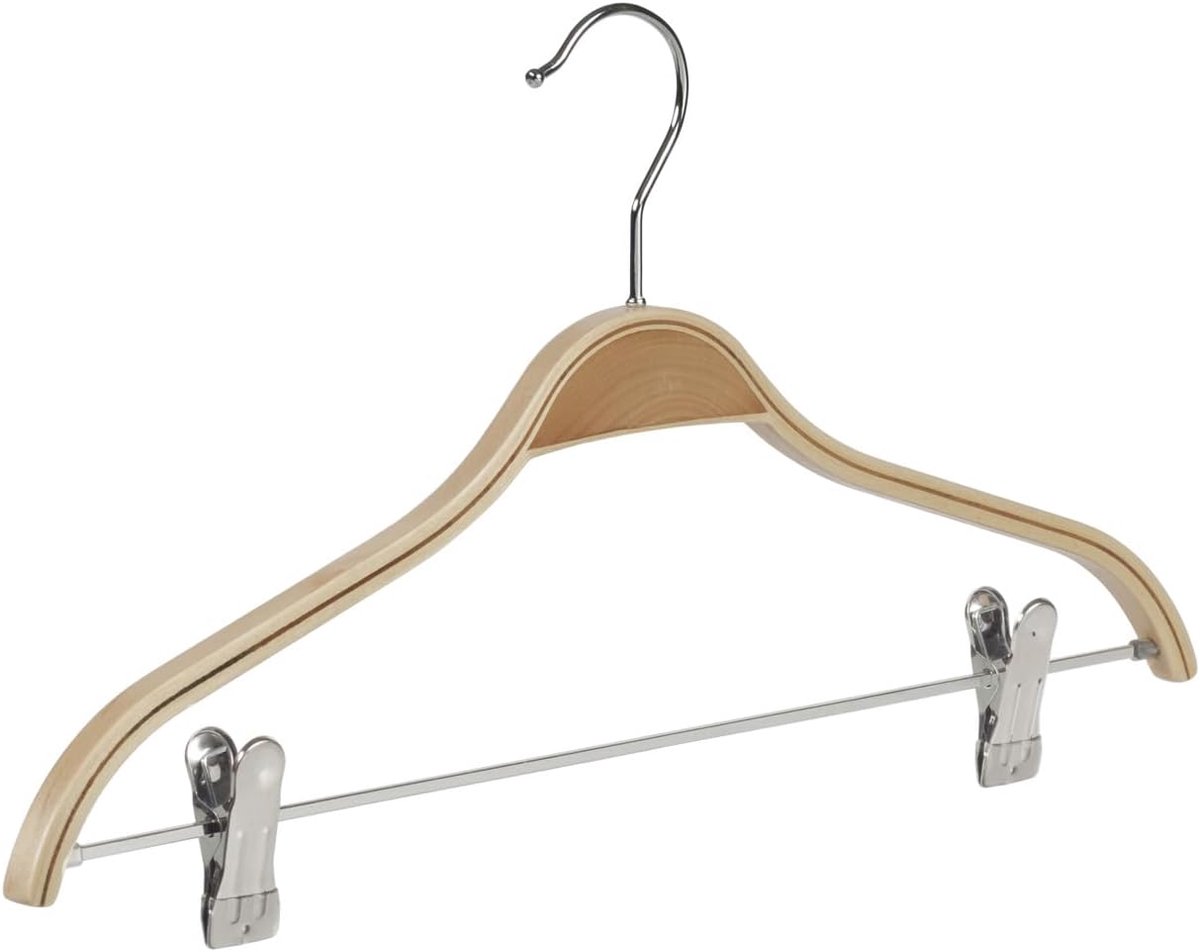Kleerhanger, Blousehanger, set van 10 Stuks, Berkenhout, Naturel, Gelakt, Anti-slip Knijpers, Blouse, Shirt, Overhemd, Jas, Broek, Rok, 360° Draaibare Haak, 42 cm (7767/10)