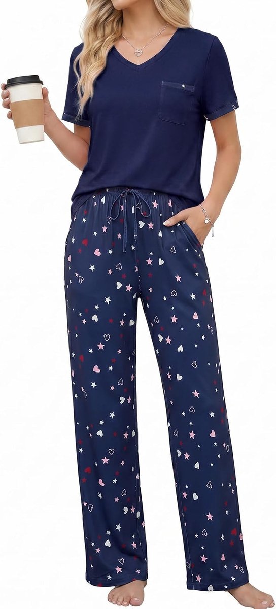 Pyjama voor dames, katoen, V-hals, pyjama met zakken