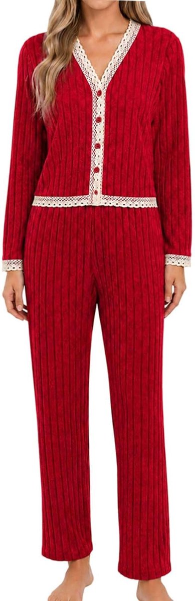 Pyjamaset voor dames, kanten rand, geribbelde knoop aan de voorkant, loungewear 2-delig