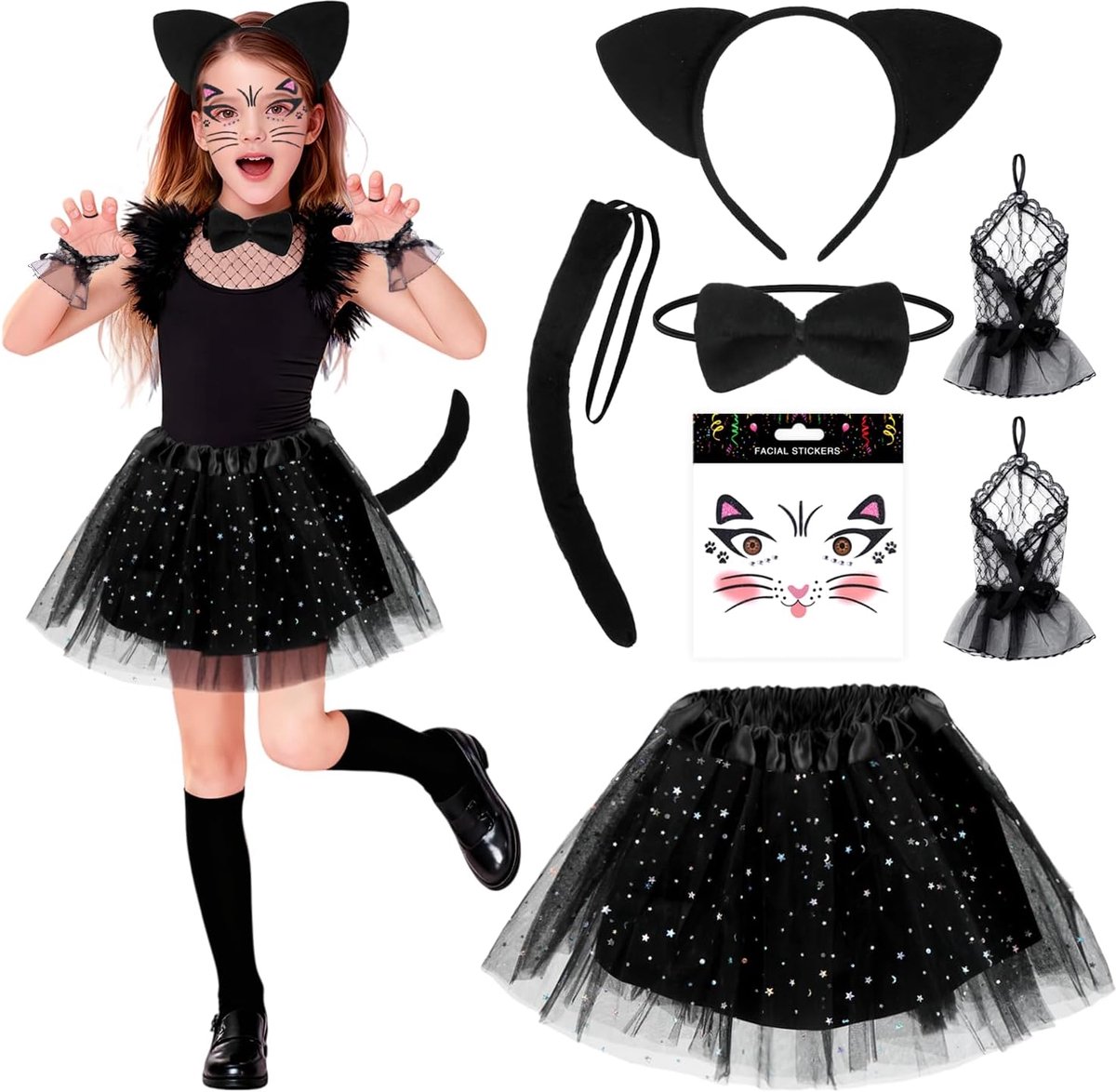 Kattenkostuum voor kinderen, meisjes, kattenoren, haarband met tutu-rok, zwart, kattenstaart en vlinderdas, kostuum kat voor kinderen, carnaval, Halloween, cosplay, party