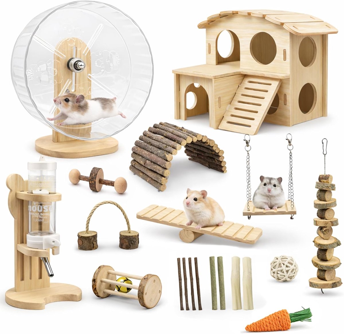 20 stuks hamsterkooi-accessoires, 20 stuks, 20 cm, stil hamsterwiel, kauwspeelgoedset, houten huis en waterfles met standaard voor chinchilla's, konijnen, cavia, rat, kleine dieren (geel)