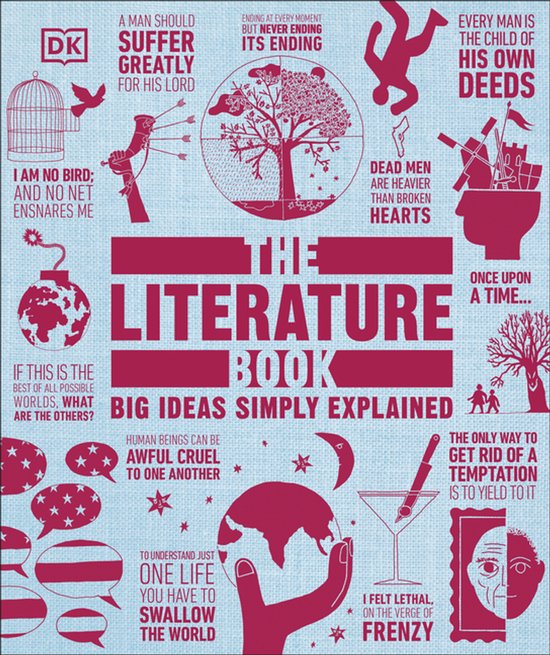Titelpagina van 'The Literature Book: Big Ideas Simply Explained' met DK-logo, illustraties en citaten.