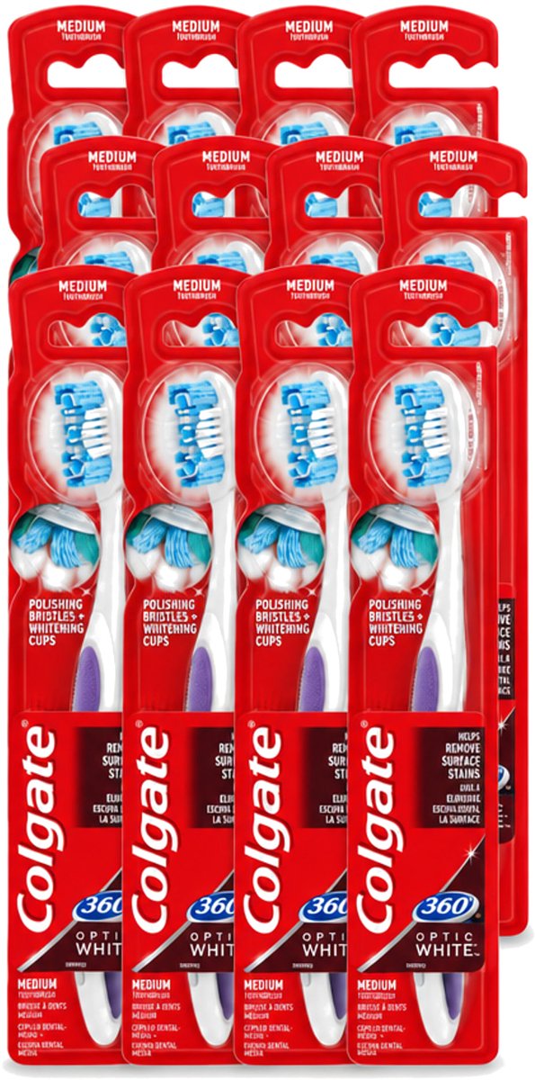 12 x Colgate - Tandenborstel - 360 Optic White Medium- Wit - 1 Tandenborstel - Voordeelverpakking - 12 stuks