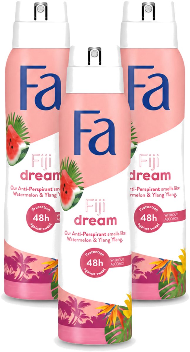 3 x Fa - Deodorant Spray - Fiji Dream - Watermeloen & Ylang Ylang - 48 uur Bescherming - Anti-transpirant - 150 ml - Bulkverpakking - 3 stuks