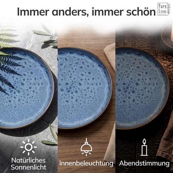 Blauwe bord met spikkels, getoond in natuurlijk zonlicht, binnenverlichting en avondstemming.