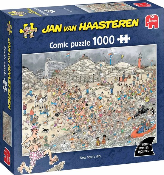 Jan van Haasteren 'New Year's dip' comic puzzel van 1000 stukjes met drukke scène op het strand met veel mensen in het water.