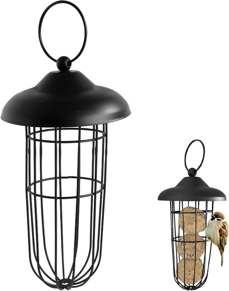 1 stuk zwart rooster-vogelvoederhuisje, vogelvoederhuisje met dak, houder voor maïzenbolletjes om op te hangen, voederstation voor vogels, de beste manier om vogels te voeren, metalen lichtdesign