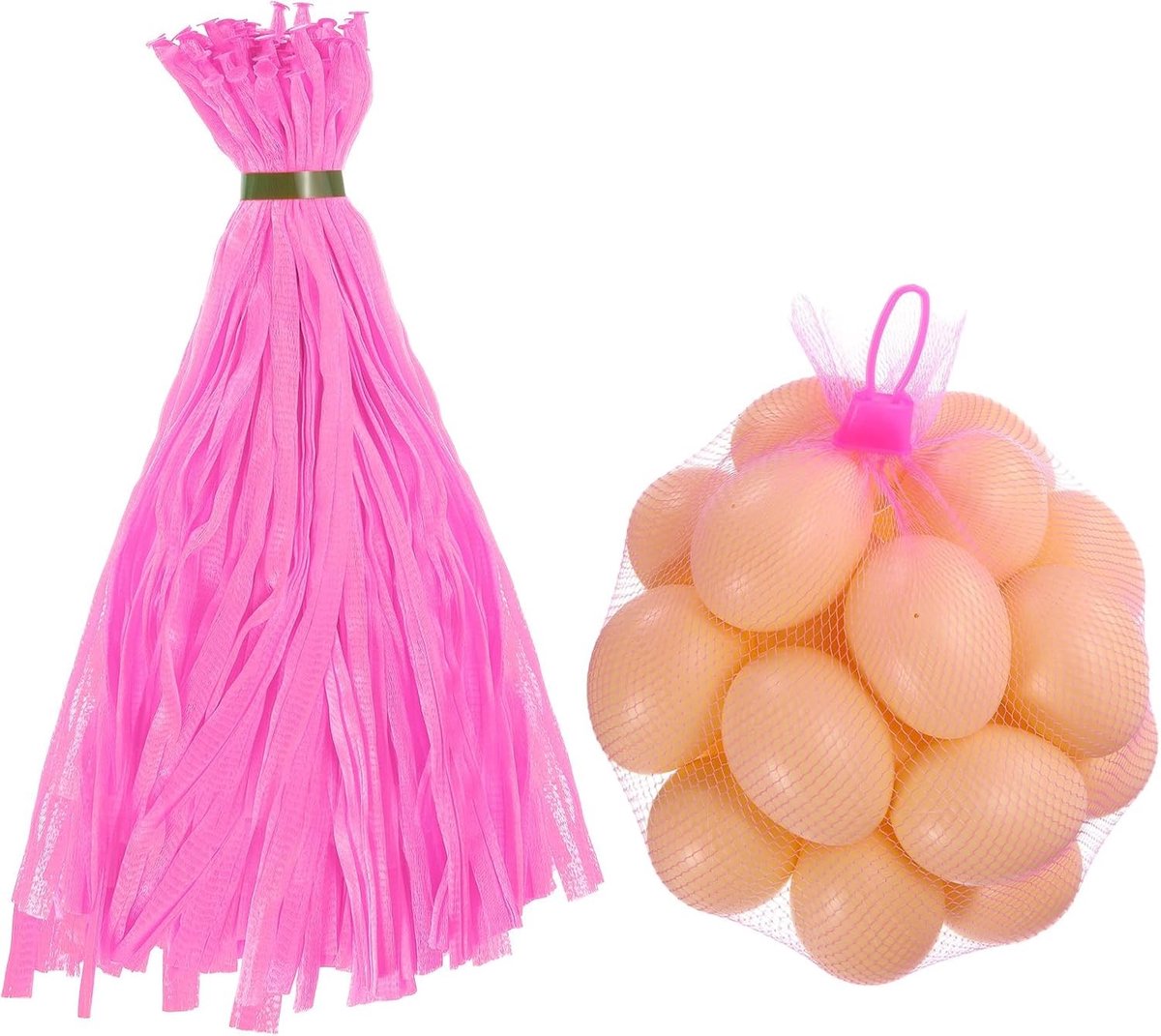 100 stuks herbruikbare netzakken voor groenten en fruit, 40 cm nylon met gespsluiting, elastische zakken voor eieren en boodschappen, roze