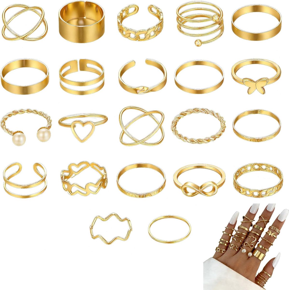 Ringen set dames 22-delig goudkleurig verstelbaar retro design voor dagelijks gebruik feesten vakantie cadeau