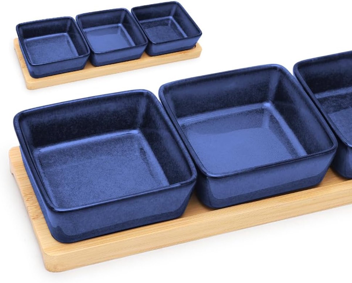 Set van 3 dipschalen, serveerschalenset met plank, hout, vierkante sausschaaltjes, snackschalen, keramiek, dipschaaltjes voor snackschalen, jamkommen, dessert, jam (blauw kleurverlopen)