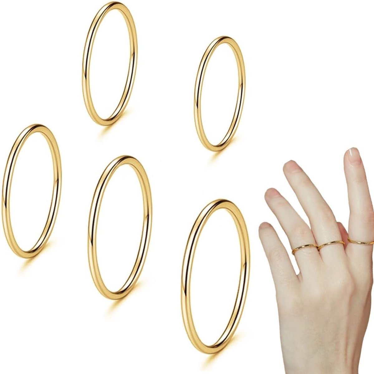 Ringen voor dames, stapelringen voor dames, gouden ringen voor vrouwen, 14 karaat goud roestvrij staal, verstelbare stapelbare ringensets, effen, dun, minimalistisch