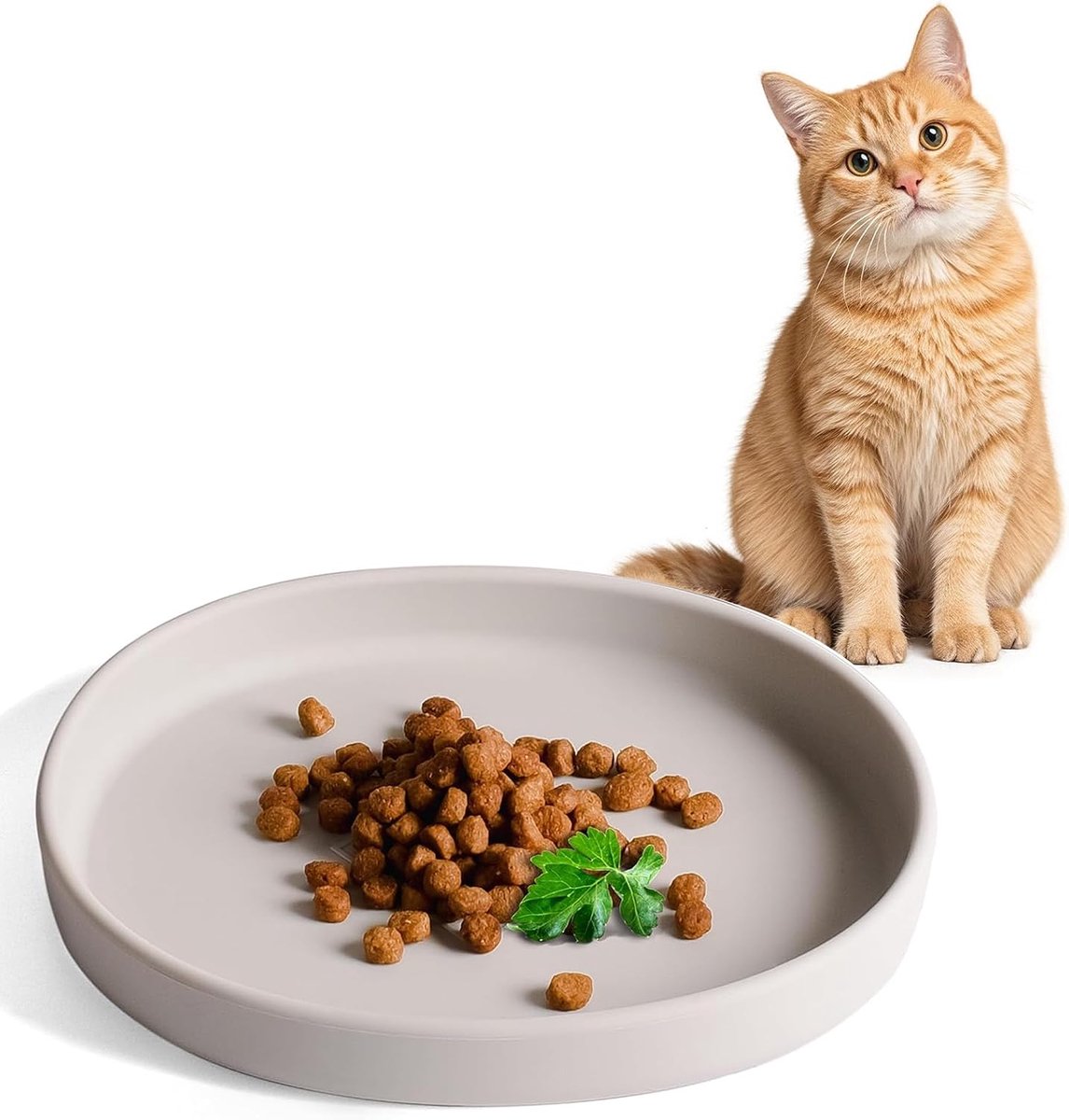 Kat, voerbak, siliconen kom, brede kattenbak, platte kattenbak, kattenkom voor droogvoer, voederbak, kattenvoer bord, abrikoos