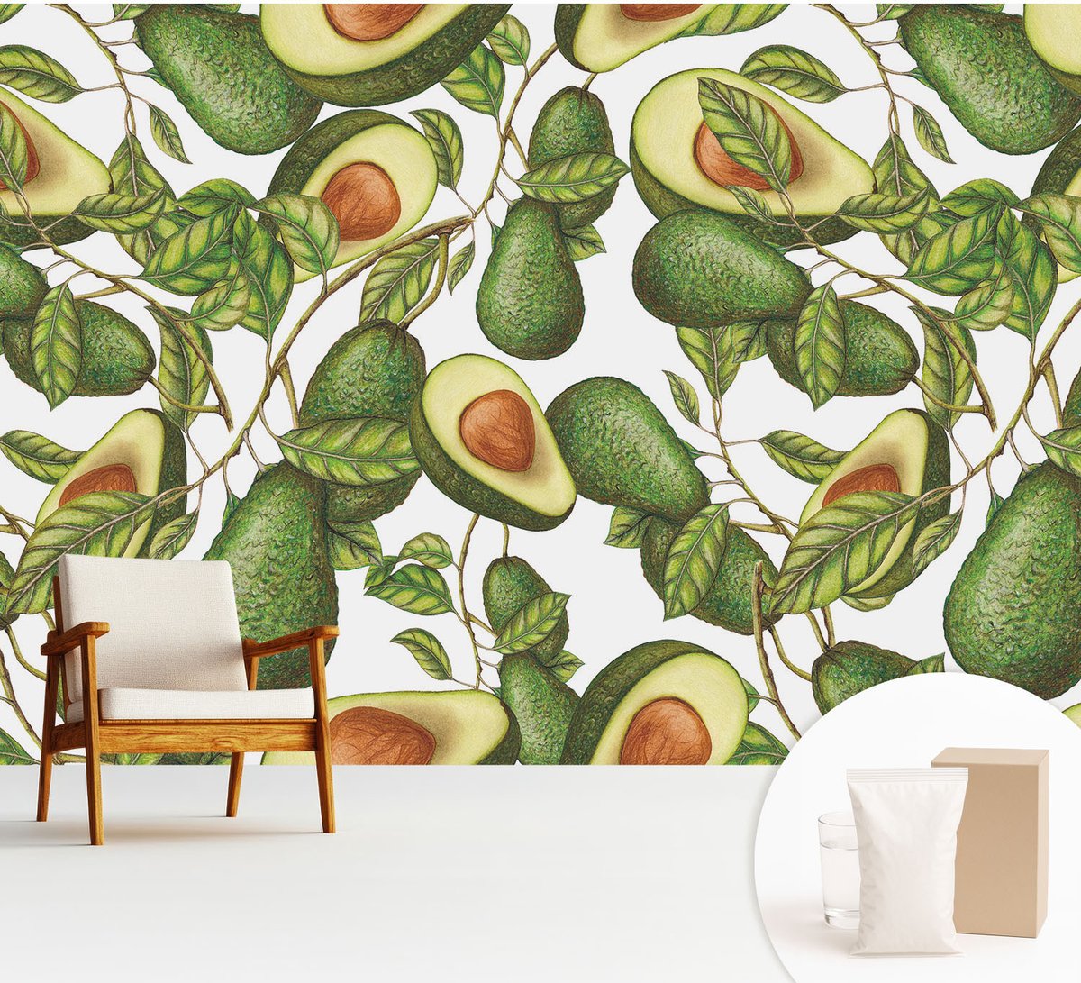 Wallfluent Fotobehang - Groente Vliesbehang - 312x219 cm - Avocado-Patroon Muurschildering - Slaapkamer behang Voedsel - Fotobehang Vlies - Slaapkamer behang