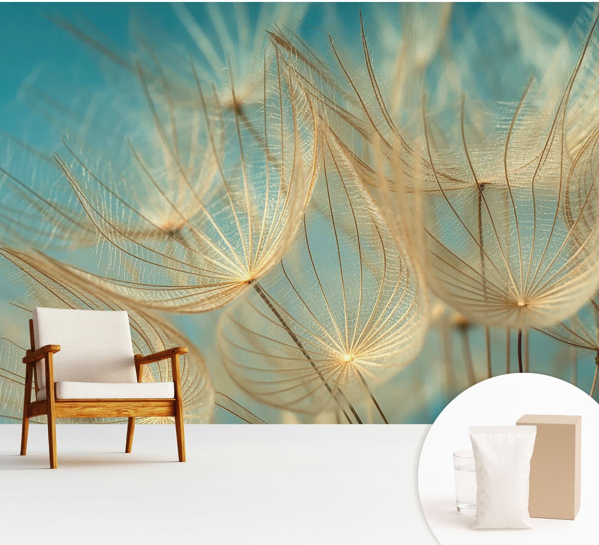 Wallfluent Fotobehang - Beige Vliesbehang - 312x219 cm - Etherische Paardenbloemen Fotobehang Vlies - Woonkamer behang Bloemen En Planten - Muurschildering - Woonkamer behang