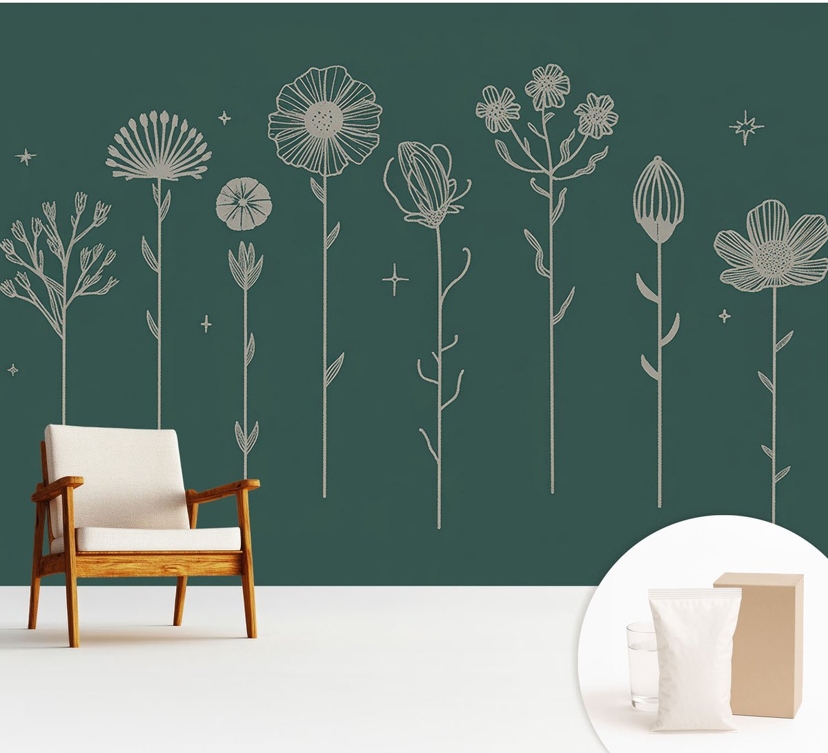 Wallfluent Fotobehang - Groente Vliesbehang - 312x219 cm - Subtiele Bloemen Muurschildering - Slaapkamer behang Bloemen En Planten - Fotobehang Vlies - Slaapkamer behang