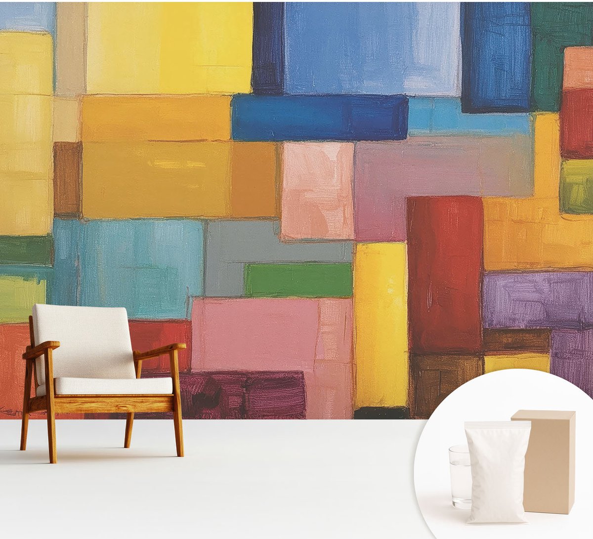 Wallfluent Fotobehang - Geel Vliesbehang - 312x219 cm - Gekleurde Rechthoeken Fotobehang Vlies - Hal behang Abstractie - Muurschildering - Hal behang