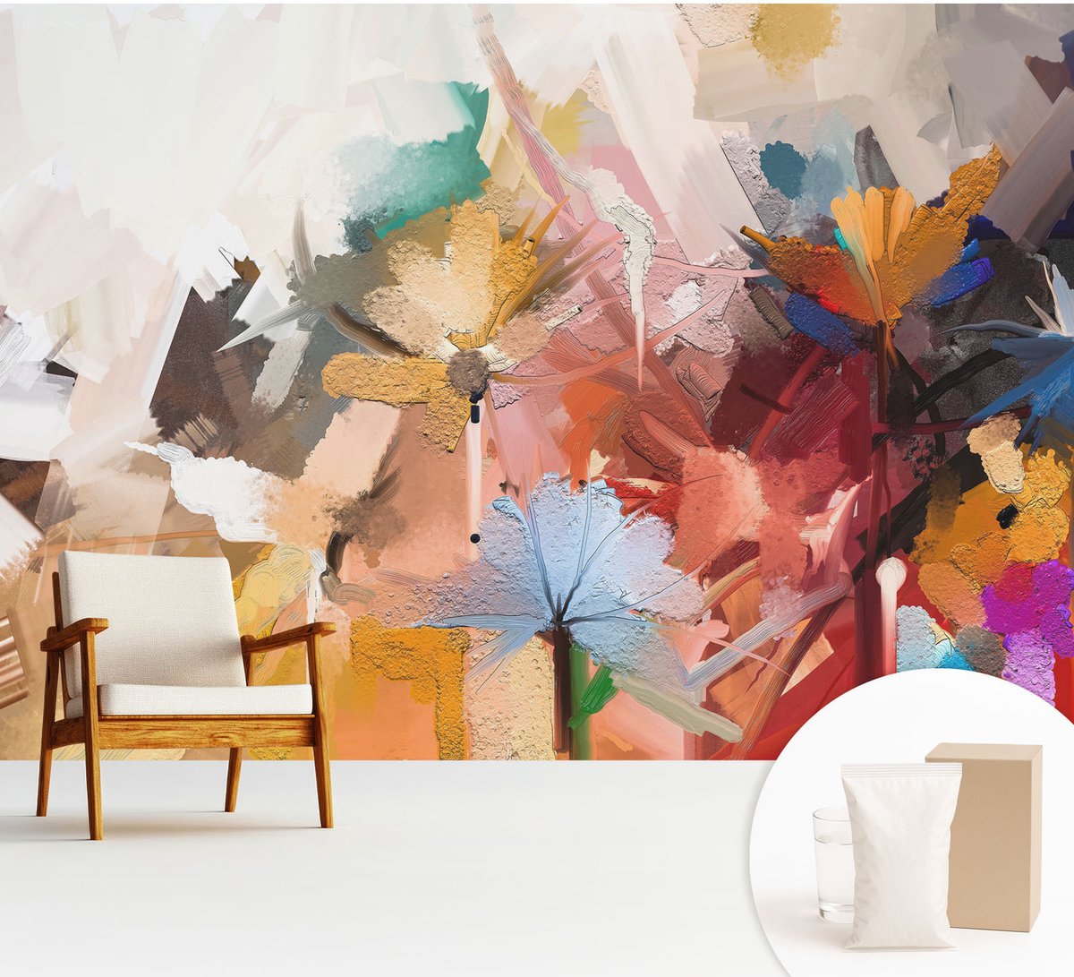 Wallfluent Fotobehang - Beige Vliesbehang - 312x219 cm - Abstracte Bloemen Muurschildering - Gang behang Deel - Fotobehang Vlies - Gang behang