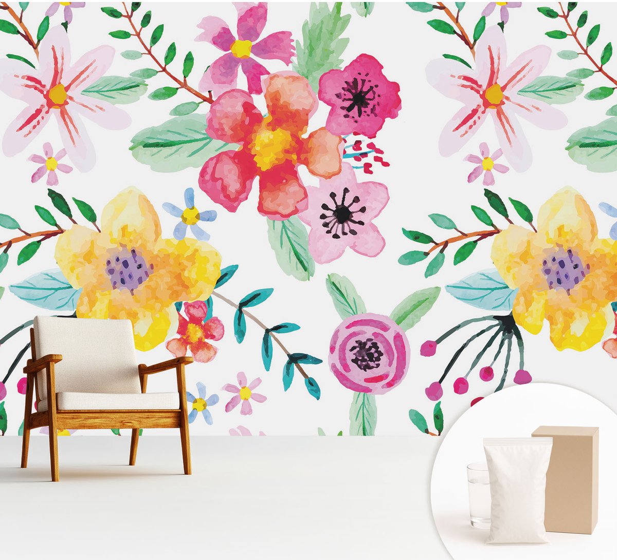 Wallfluent Fotobehang - Wit Vliesbehang - 312x219 cm - Bloemige Frisheid Muurschildering - Slaapkamer behang Bloemen En Planten - Fotobehang Vlies - Gang behang
