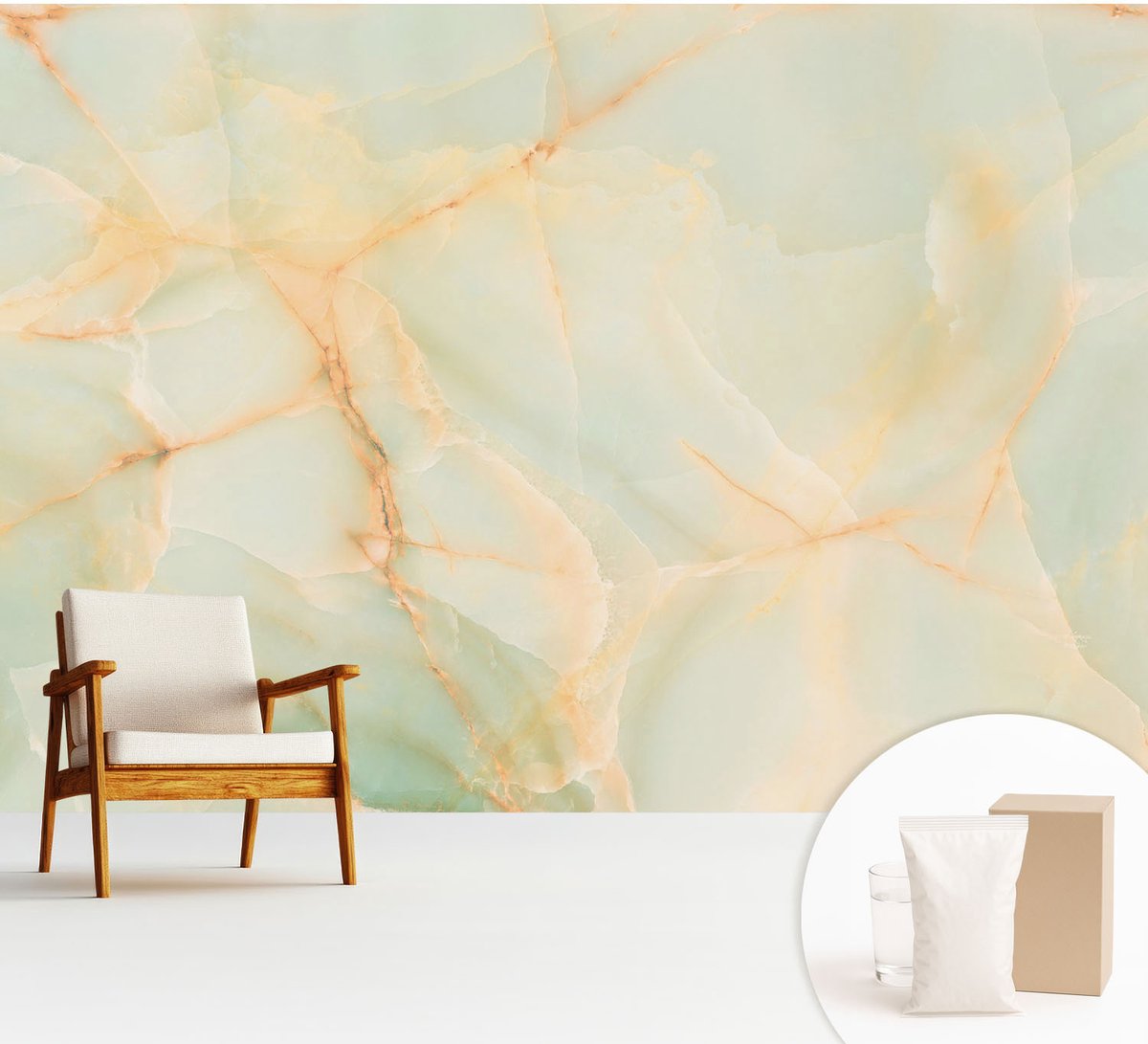 Wallfluent Fotobehang - Oranje Vliesbehang - 312x219 cm - Marmeren Elegantie Muurschildering - Gang behang Abstractie - Fotobehang Vlies - Slaapkamer behang