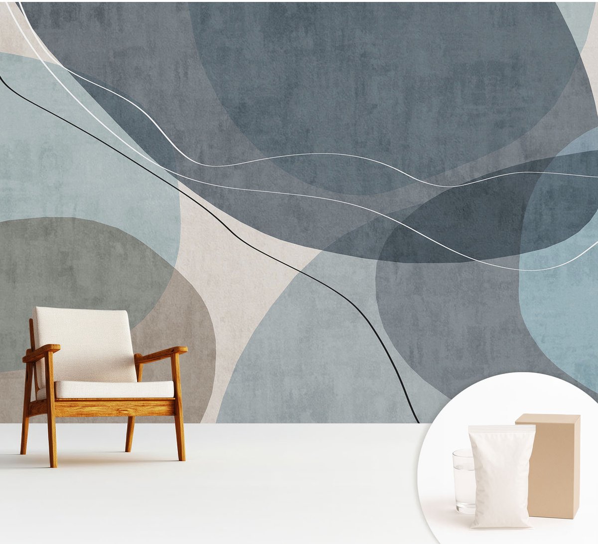 Wallfluent Fotobehang - Blauw Vliesbehang - 312x219 cm - Moderne Abstractie Fotobehang Vlies - Woonkamer behang Abstractie - Muurschildering - Woonkamer behang