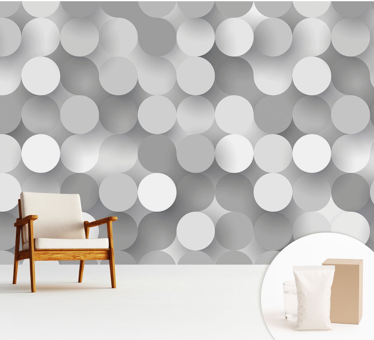 Wallfluent Fotobehang - Grijs Vliesbehang - 312x219 cm - Grijze Cirkels Muurschildering - Slaapkamer behang Achtergronden En Patronen - Fotobehang Vlies - Slaapkamer behang