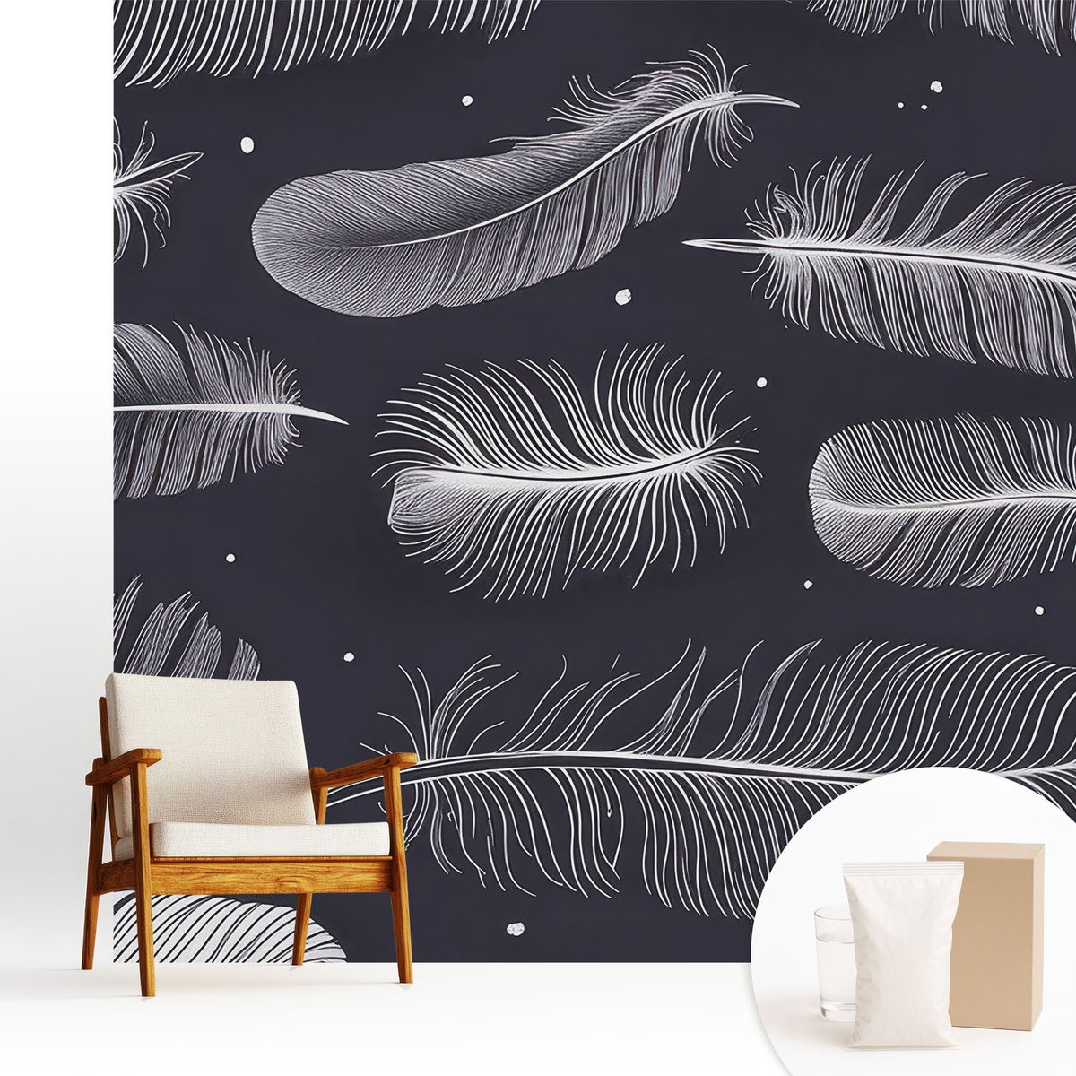 Wallfluent Fotobehang - Zwart-Wit Vliesbehang - 250x250 cm - Subtiele Veren Muurschildering - Slaapkamer behang Achtergronden En Patronen - Fotobehang Vlies - Slaapkamer behang