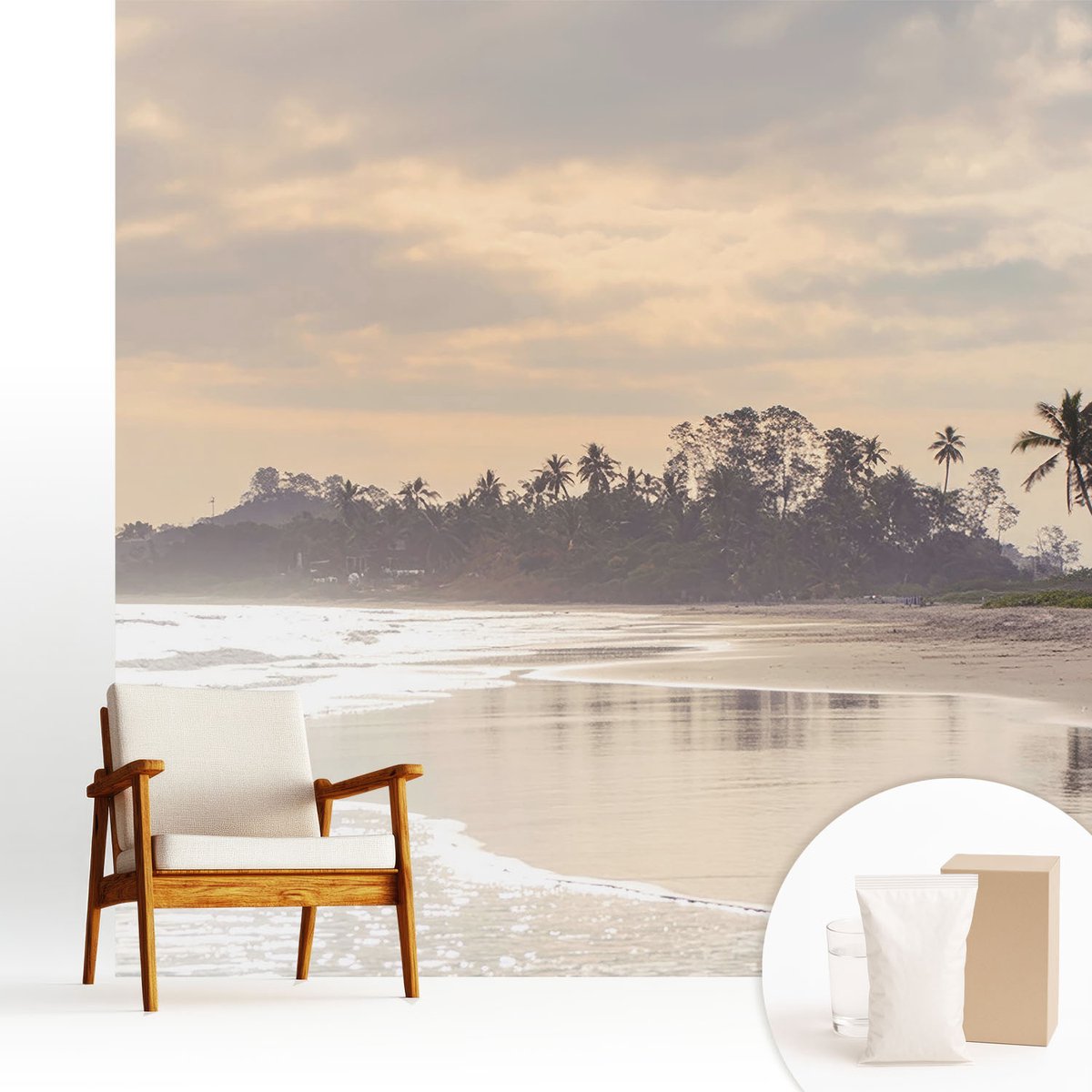 Wallfluent Fotobehang - Wit Vliesbehang - 250x250 cm - Ochtend Op Het Strand Fotobehang Vlies - Woonkamer behang Landschappen - Muurschildering - Woonkamer behang