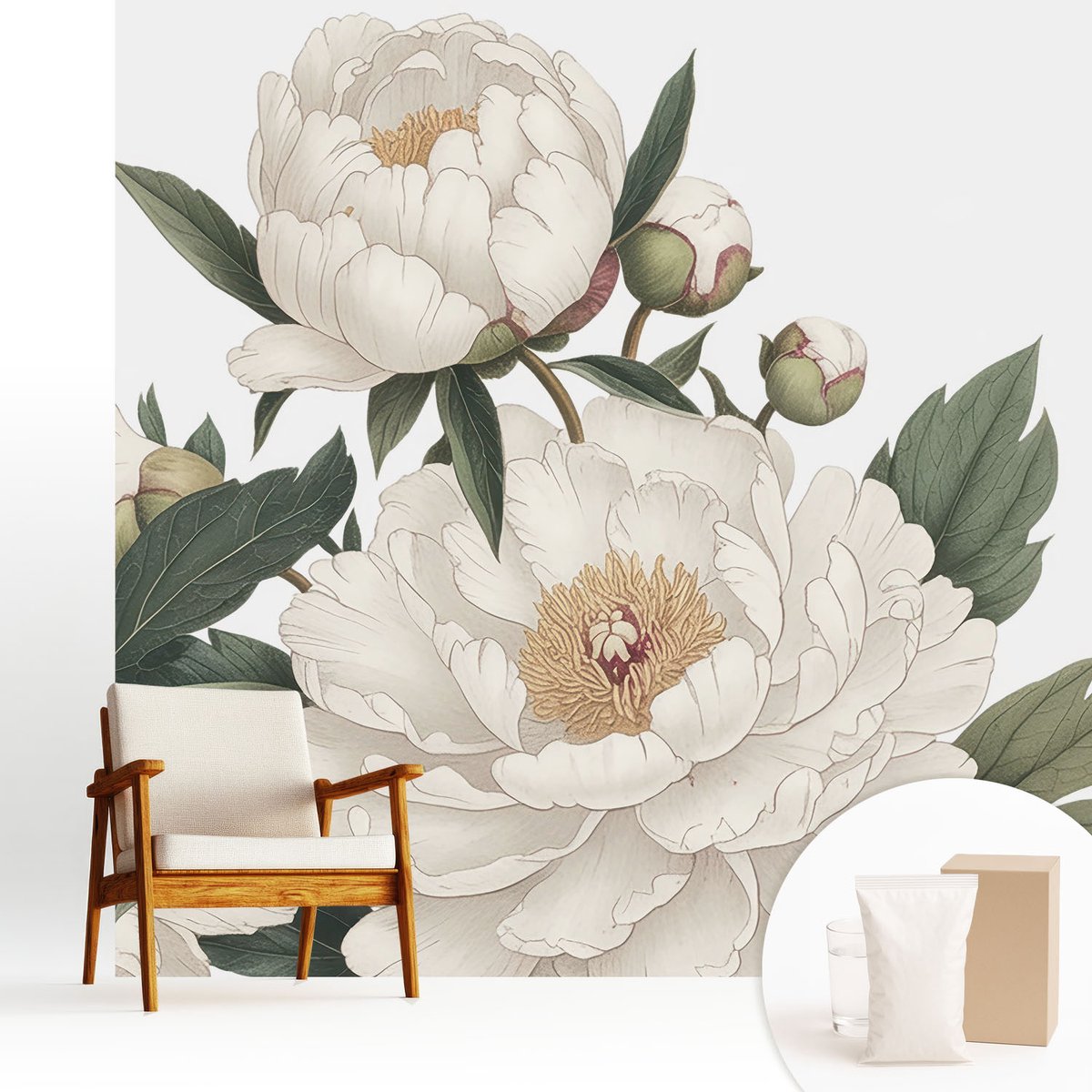 Wallfluent Fotobehang - Wit Vliesbehang - 250x250 cm - Witte Pioenrozen Fotobehang Vlies - Woonkamer behang Bloemen En Planten - Muurschildering - Woonkamer behang