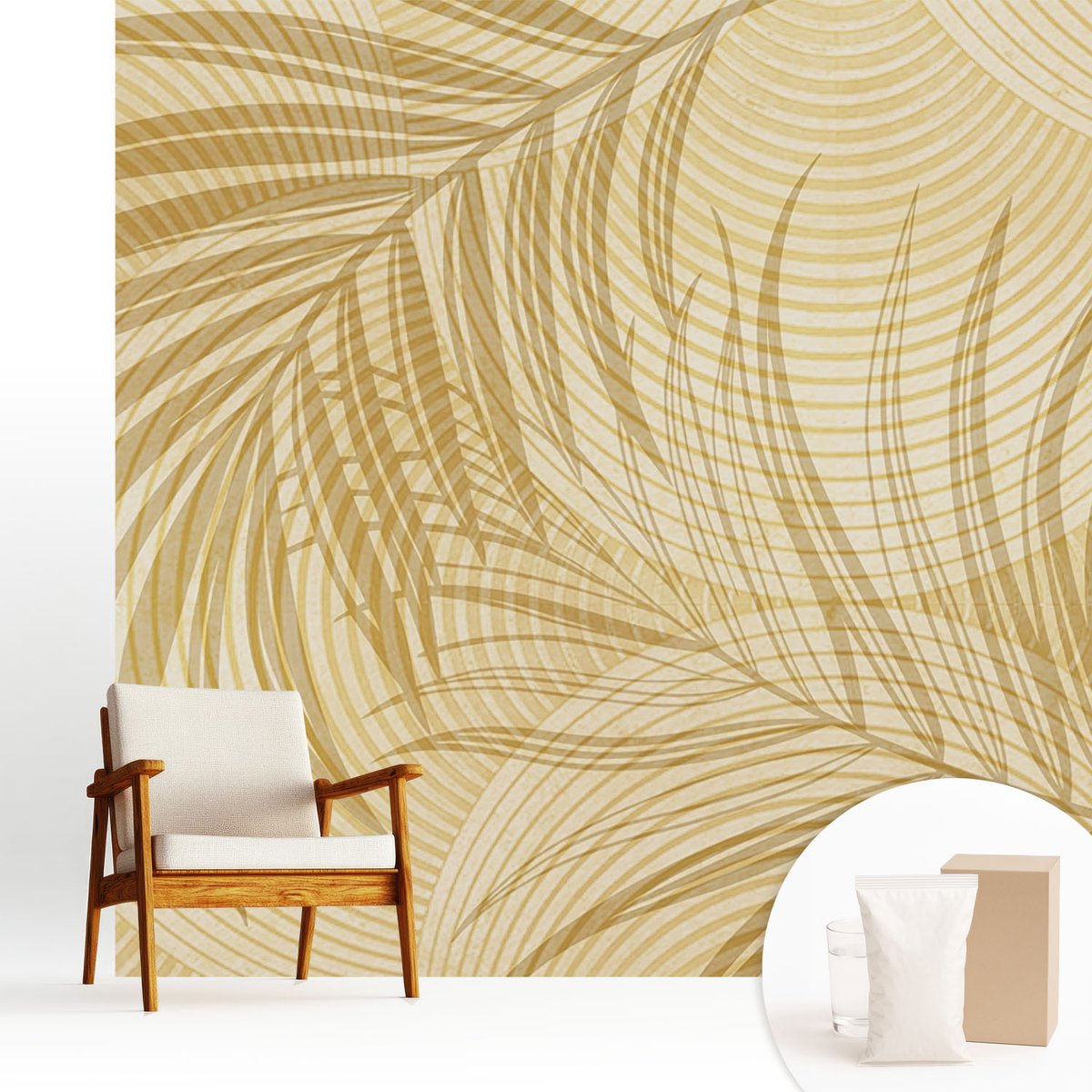 Wallfluent Fotobehang - Beige Vliesbehang - 250x250 cm - Tropische Elegantie Muurschildering - Gang behang Achtergronden En Patronen - Fotobehang Vlies - Slaapkamer behang
